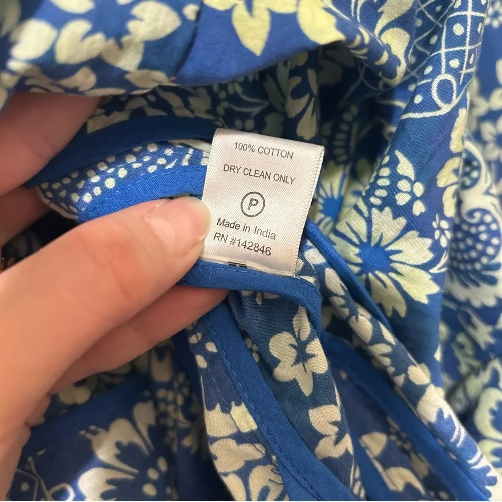 RHODE Floral Print Dress Blue Cream Feminine Ruffle Cotton Beach Vacation Sz Med